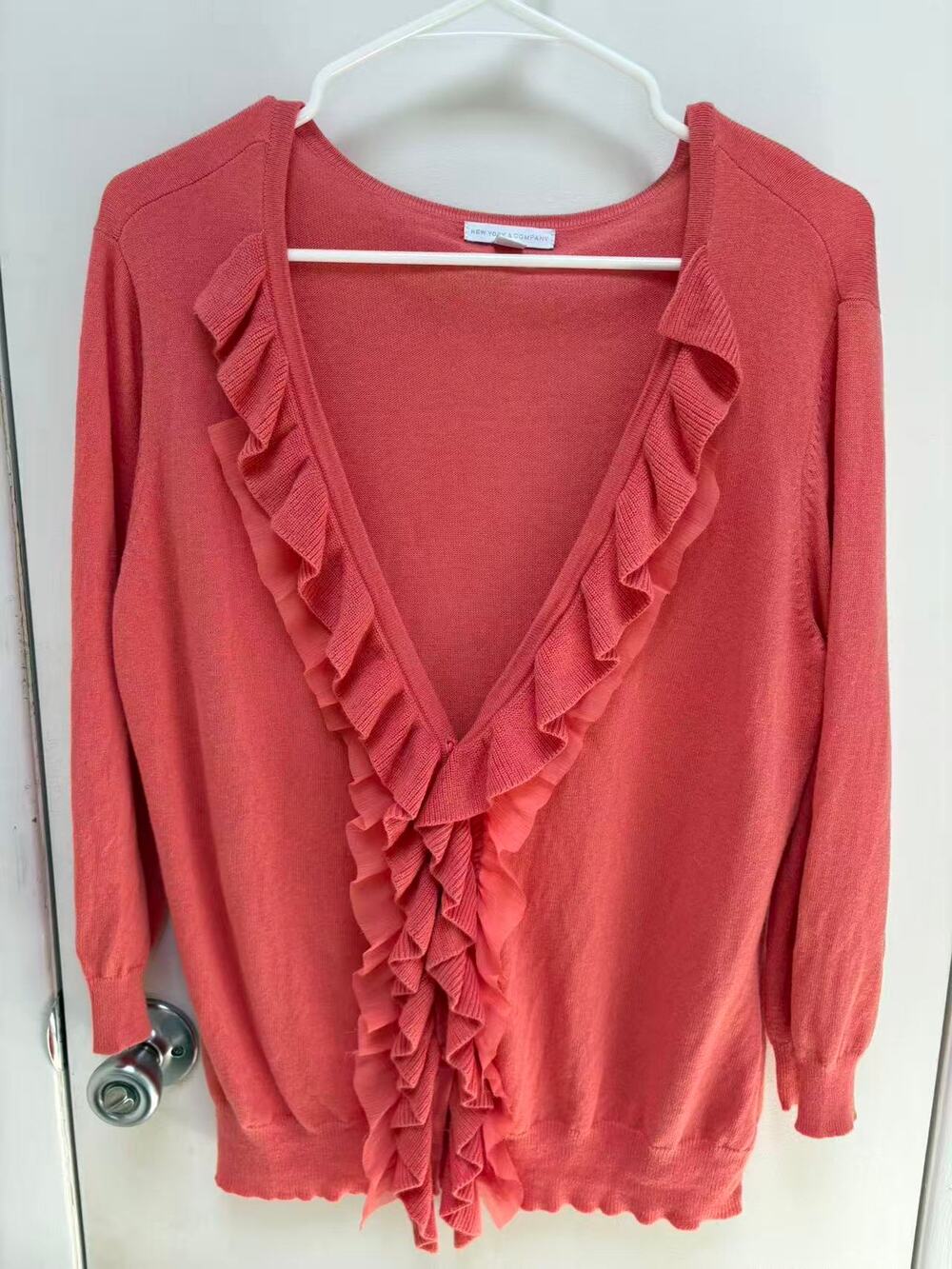 New York & Company Ruffle V-Neck Cardigan Sweater Coral Pink XL Knit Layer